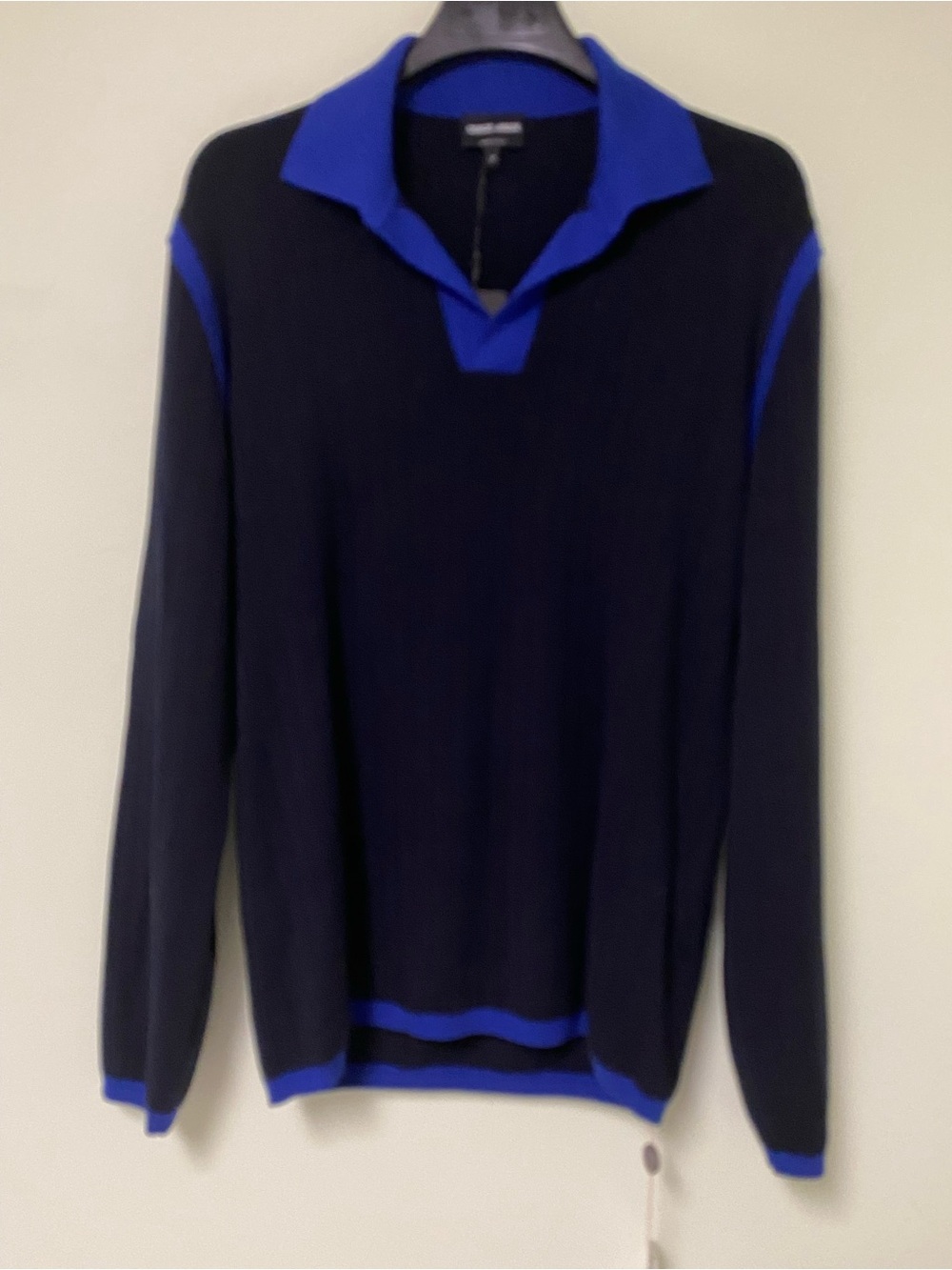 Giorgio Armani Black V-Neck Sweater with Bold Blue Trim